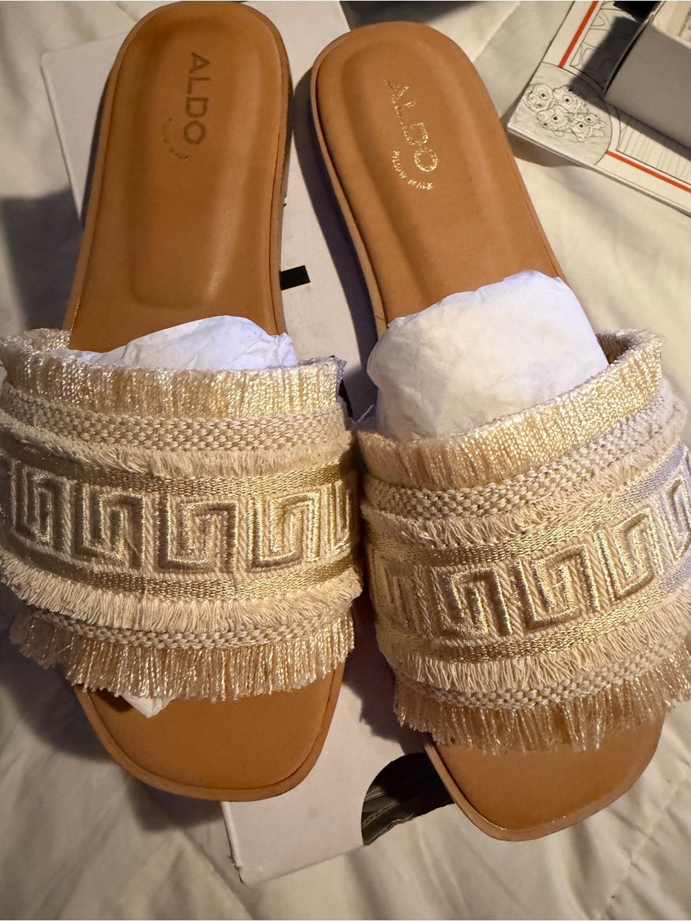 ALDO Cream Fringe Embroidered Slide Mules